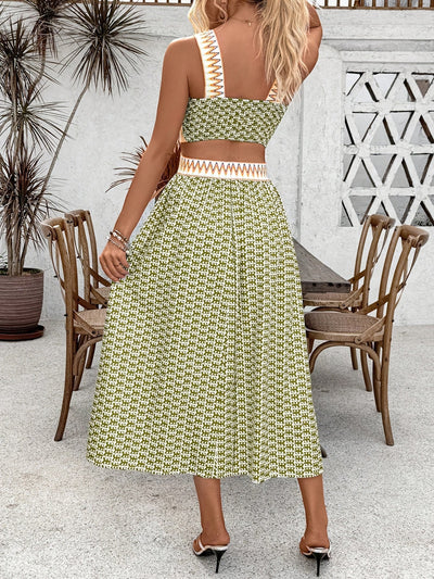 Kleid in A-Linie mit geometrischem Muster Grün, quadratischer Ausschnitt