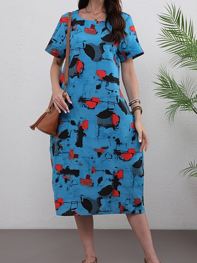 Elegantes Leinen-Midikleid mit ausdrucksstarkem abstraktem Muster