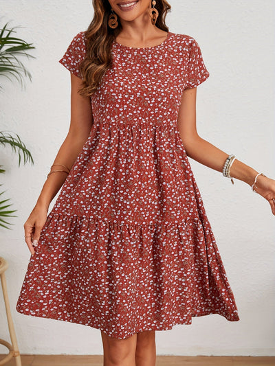 Leichtes Vintage-Kleid – Blumendruck, Kurzarm, Rundhalsausschnitt, feminines Sommerkleid