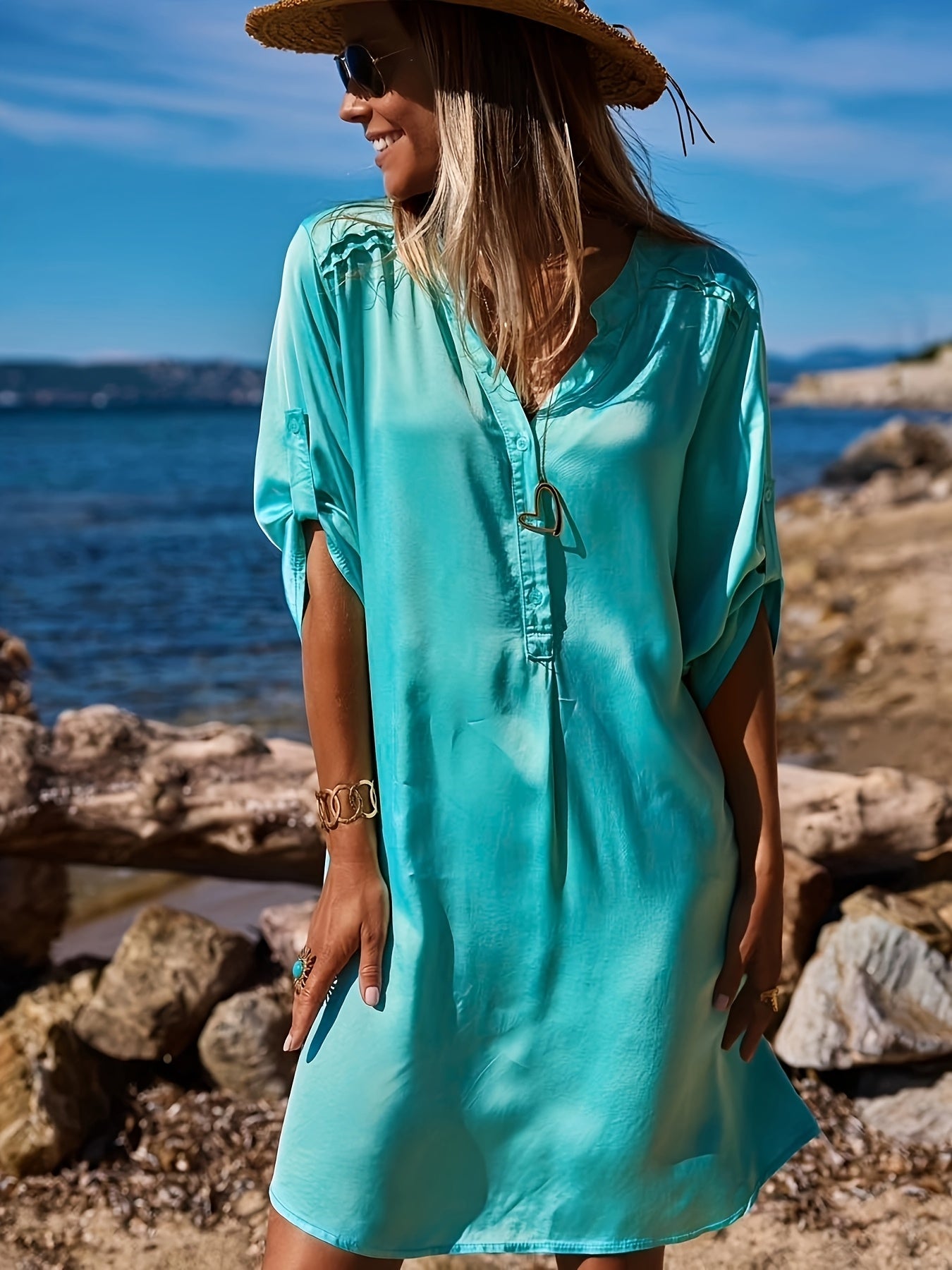 Hemdkleid mit asymmetrischem Unterteil Elegant Airy Türkis