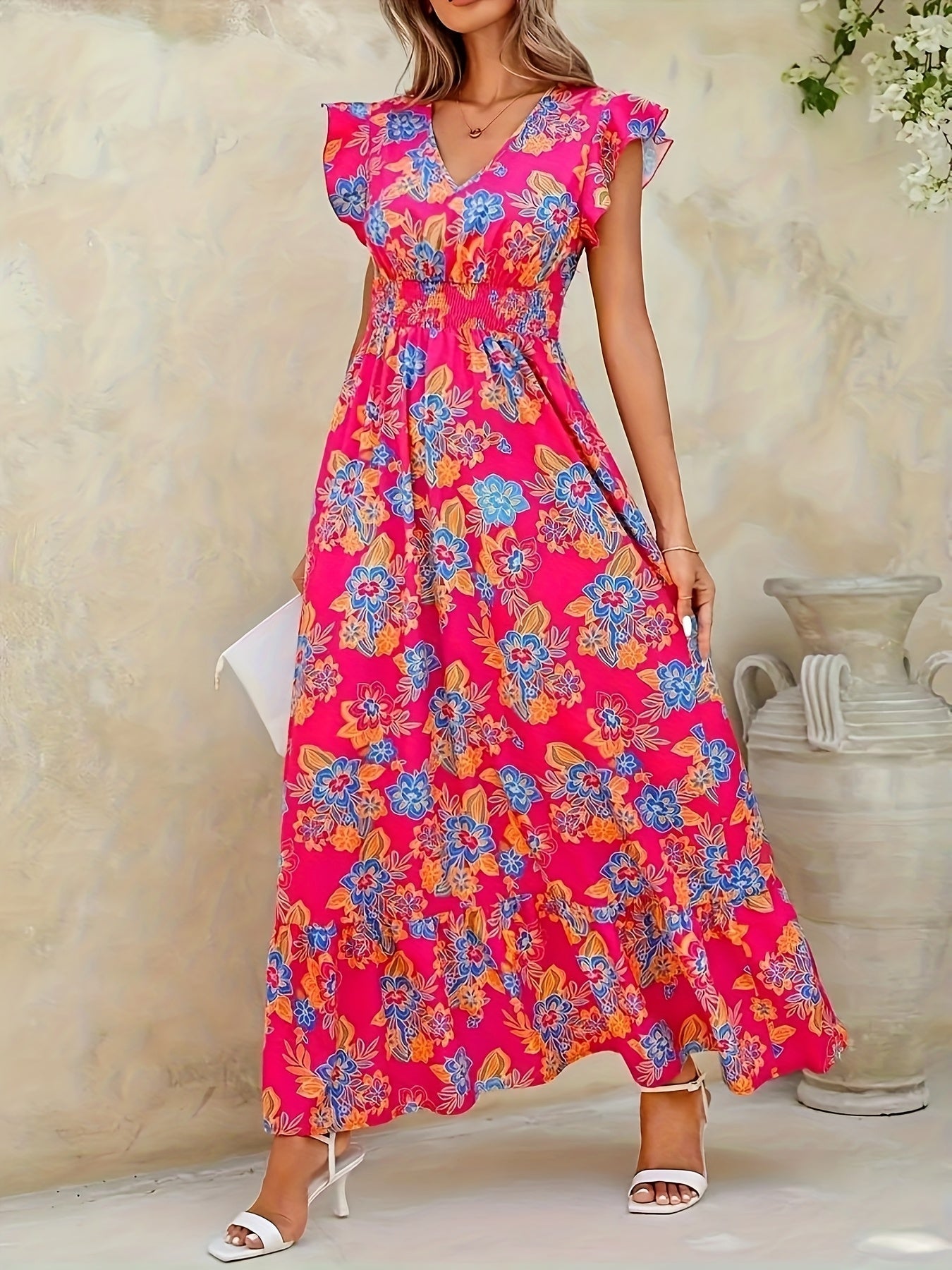 Elegantes langes geblümtes Kleid - V-Ausschnitt, Blumenärmel