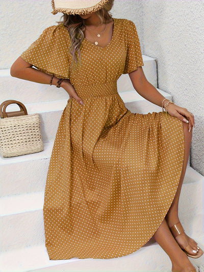 Polka Dot Sommerkleid Damen – Luftiges V-Ausschnitt Midi-Kleid