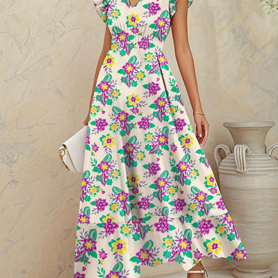 Elegantes langes geblümtes Kleid - V-Ausschnitt, Blumenärmel