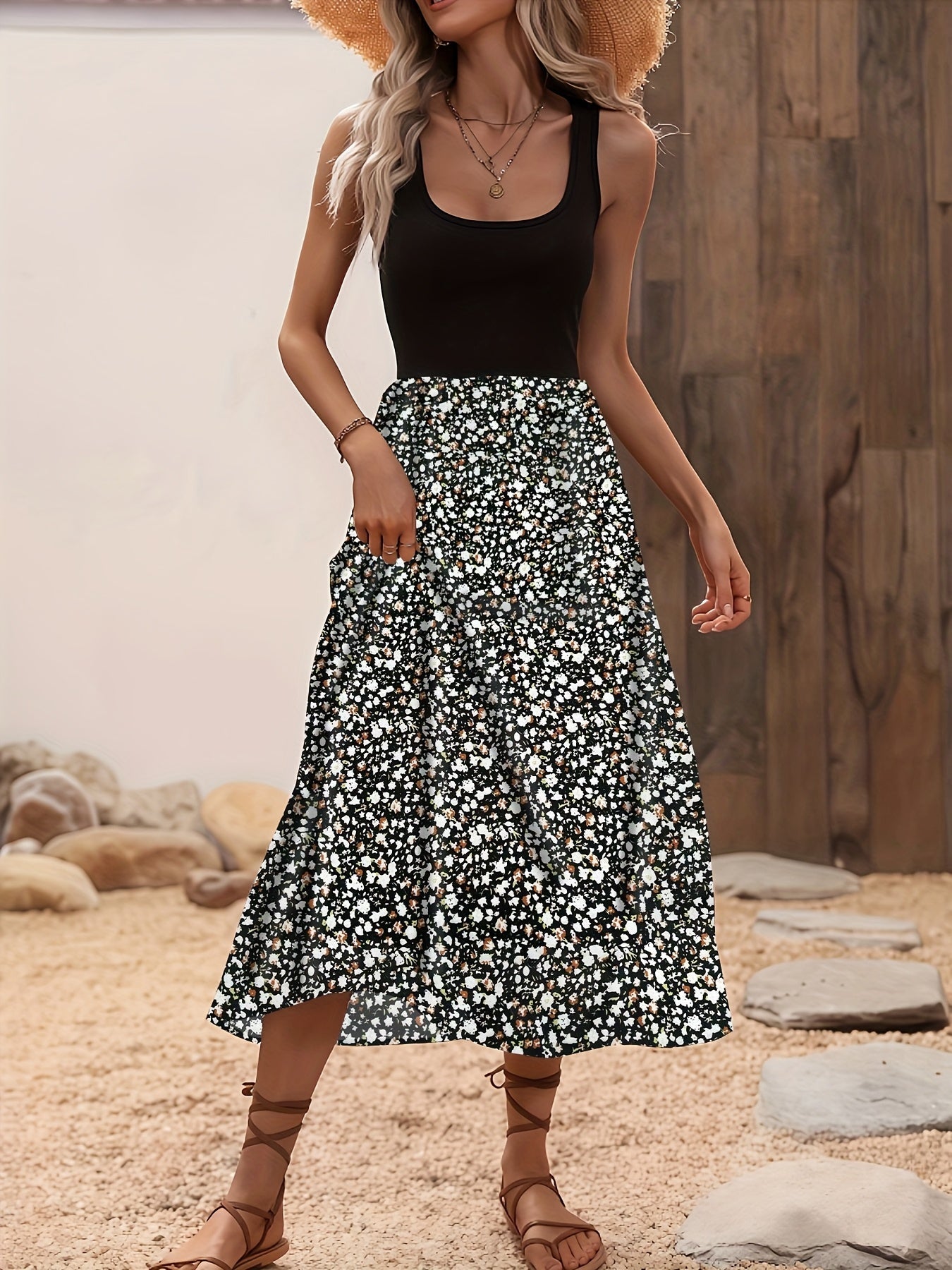 Geblümtes ärmelloses Sommer-Midikleid mit A-Linie in Schwarz und Kaffee