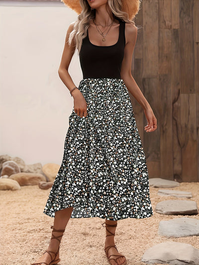 Geblümtes ärmelloses Sommer-Midikleid mit A-Linie in Schwarz und Kaffee