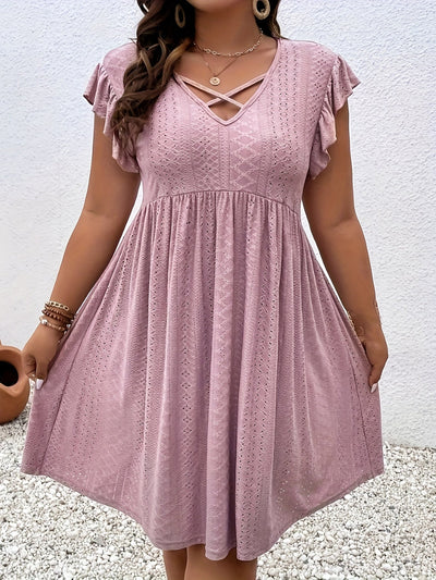 Elegantes Übergröße Midi-Kleid Lochstickerei, Rüschen & V-Ausschnitt