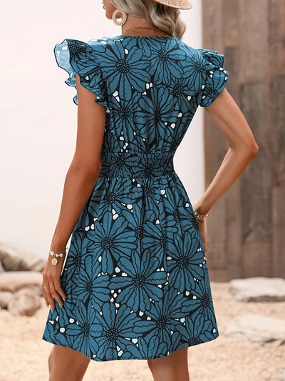 Elegantes Minikleid mit Blumenmuster und Rüschen – Einfarbig