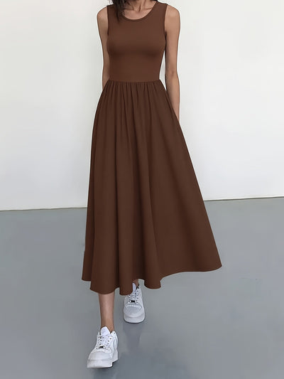 Casual Midi-Kleid für Damen mit Plissiertem A-Linien-Schnitt in Unifarben