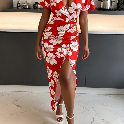 Rotes Bodycon-Kleid mit Blumenmuster Mini-V-Ausschnitt Kurze Ärmel