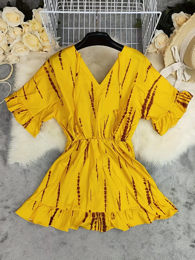 Gelbes Sommer-Minikleid mit Rüschen und Fledermausärmeln