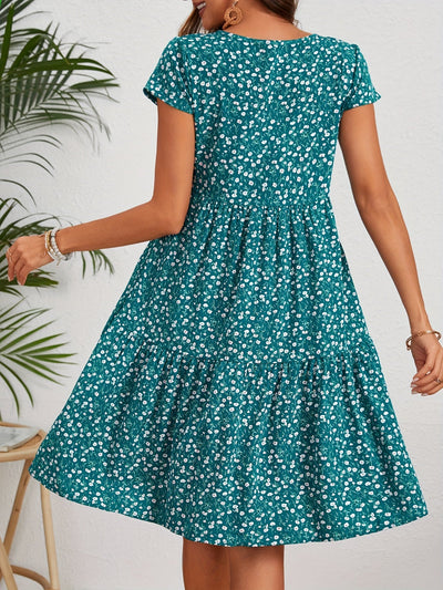 Leichtes Vintage-Kleid – Blumendruck, Kurzarm, Rundhalsausschnitt, feminines Sommerkleid