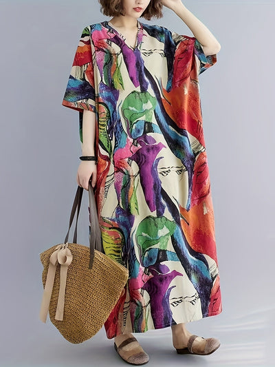 Luftiges Boho-Kaftan-Kleid – Plus Size, V-Ausschnitt, Taschen & Perfekt für Sommer & Urlaub