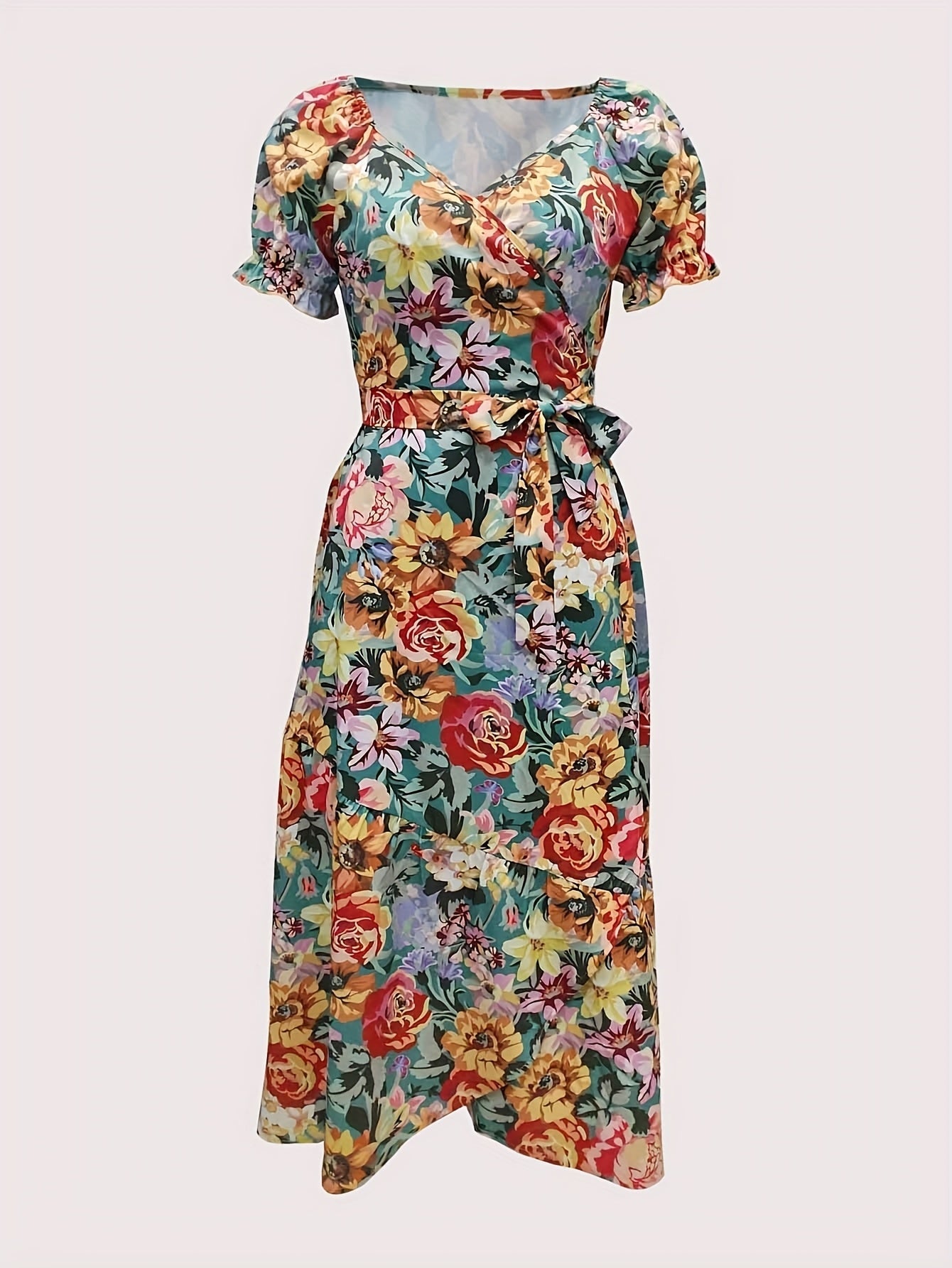 Trägerloses geblümtes Maxikleid mit Laternenärmeln und Gürtel