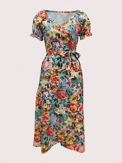 Trägerloses geblümtes Maxikleid mit Laternenärmeln und Gürtel