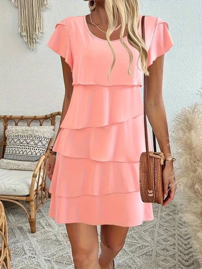 Rosa Damenkleid mit Rüschen, Kurzarm – Lässig für den Sommer