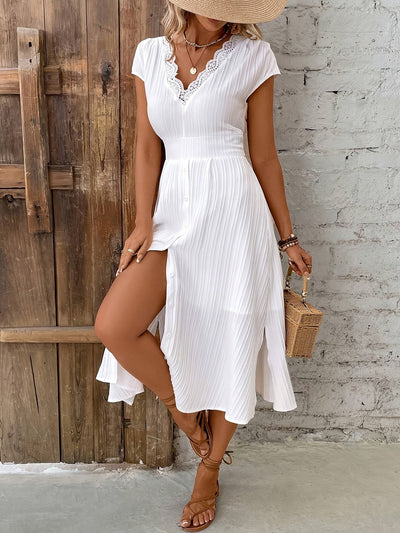 Elegantes Midikleid mit Spitze, V-Ausschnitt, kurzen Ärmeln Ideal für Hochzeiten und Dates