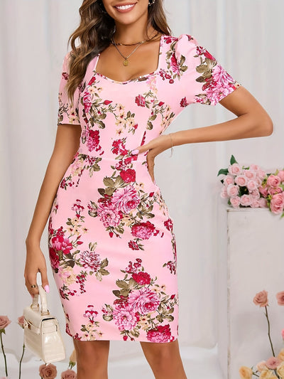 Damenkleid mit Blumenmuster, quadratischem Ausschnitt und Reißverschluss