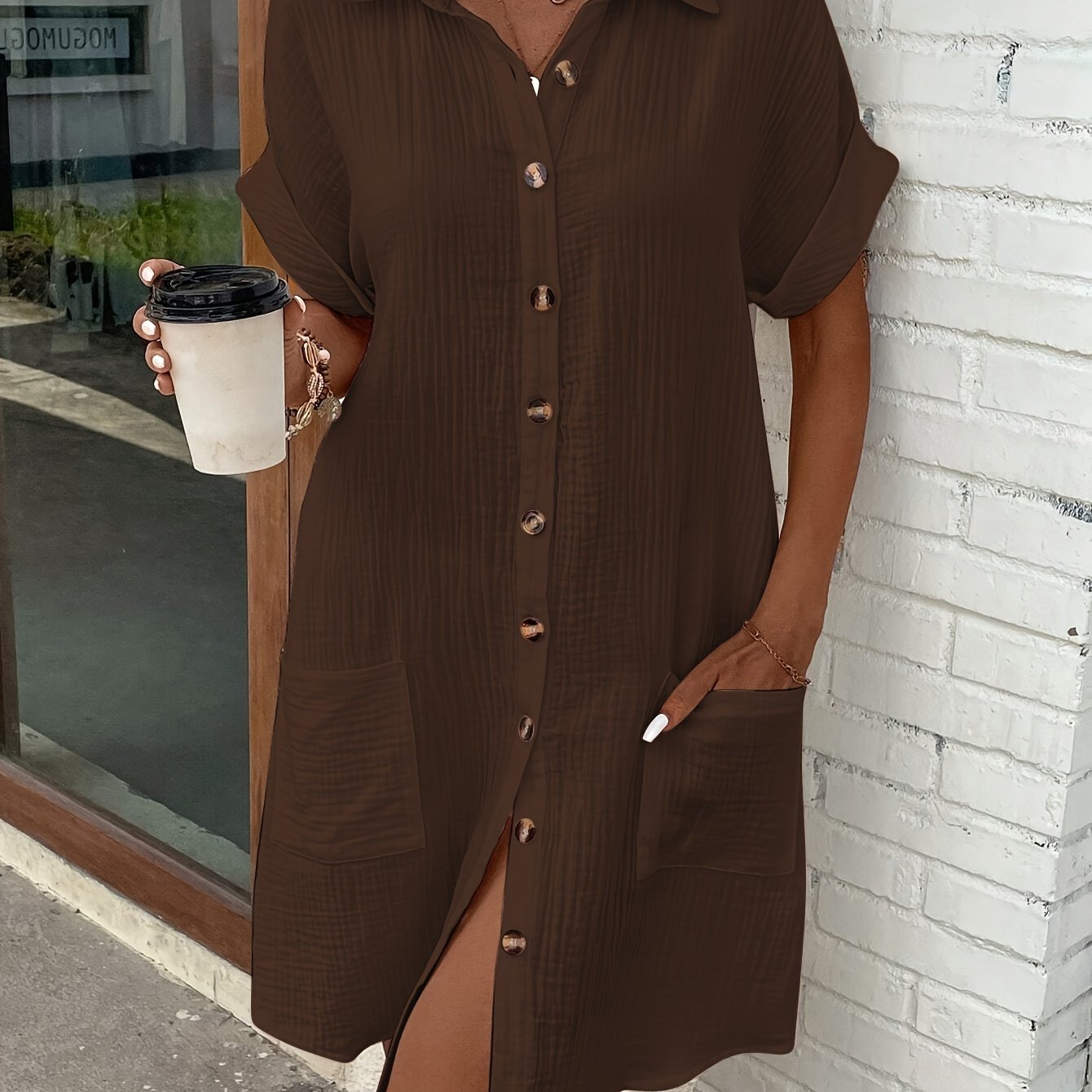 Kleid Tunika mit Kragen und Taschen, aus Polyester Leichte Damenbekleidung