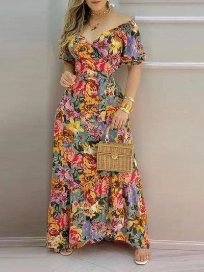 Langes geblümtes Maxikleid mit Rüschen - mehrfarbig