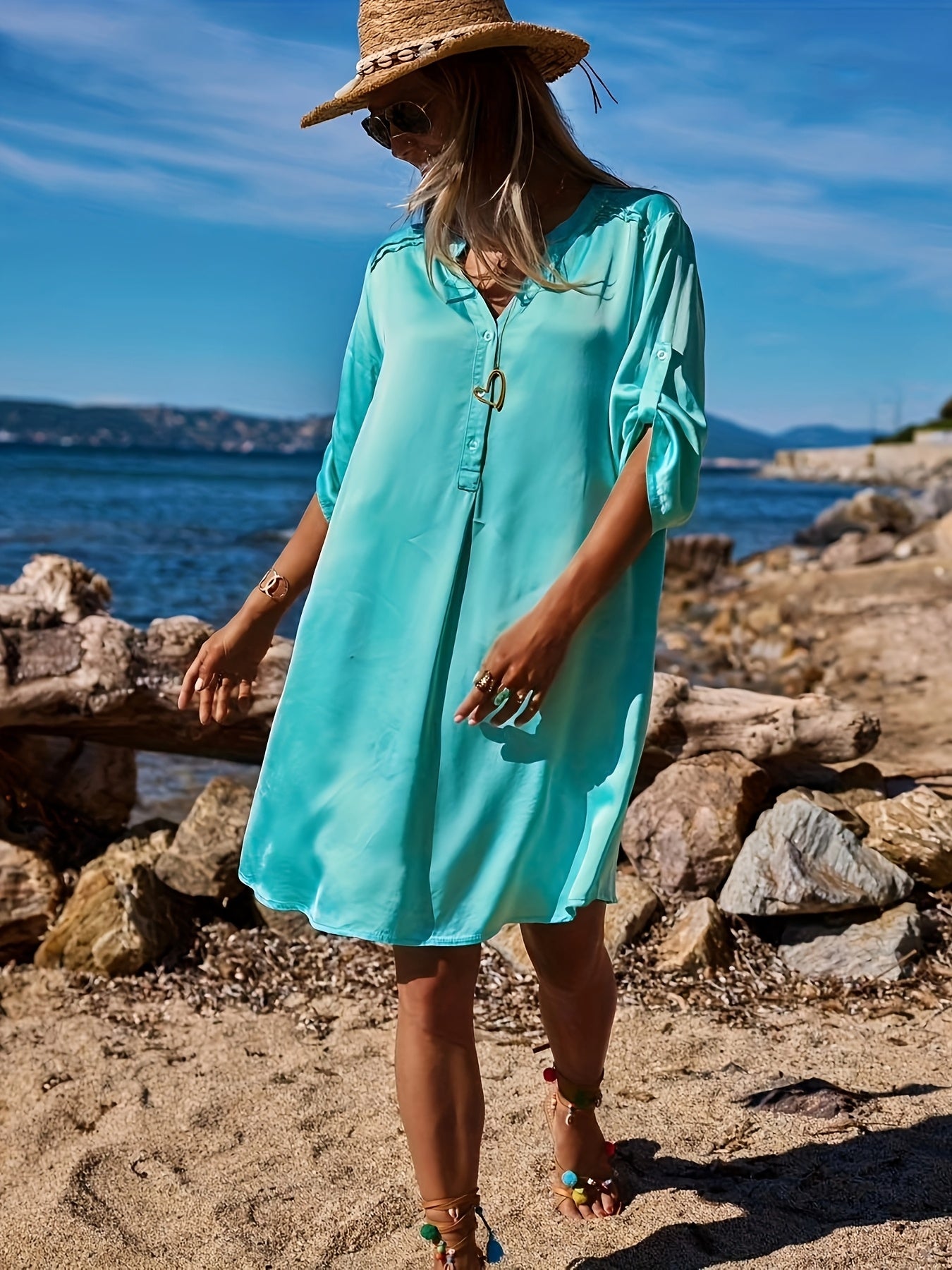 Hemdkleid mit asymmetrischem Unterteil Elegant Airy Türkis