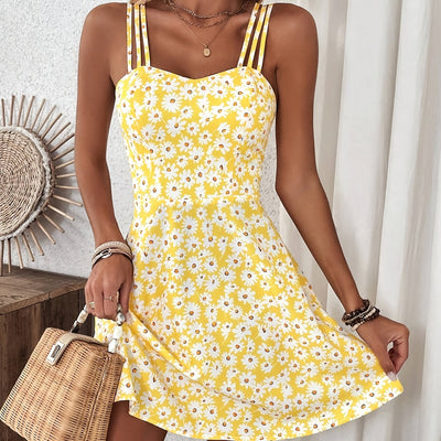 Ärmelloses Damen-Midikleid mit Blumenmuster – Schwarz mit weißem Gänseblümchenmuster