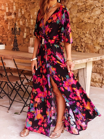 Midi-Kleid mit Blumenmuster, V-Ausschnitt und Gürtel im A-Linien-Schnitt