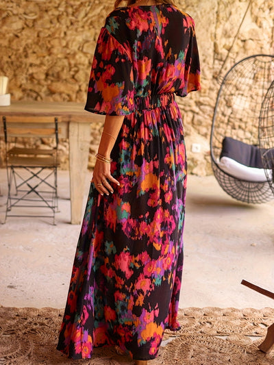 Midi-Kleid mit Blumenmuster, V-Ausschnitt und Gürtel im A-Linien-Schnitt