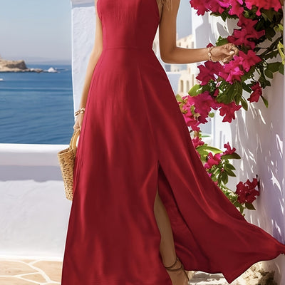 Grünes Maxikleid mit Schlitz und Spaghettiträgern