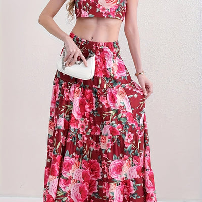 Zweiteiliges Set: Kurzes Oberteil mit Rüsche und ausgestellter Rock - Summer Holiday Style