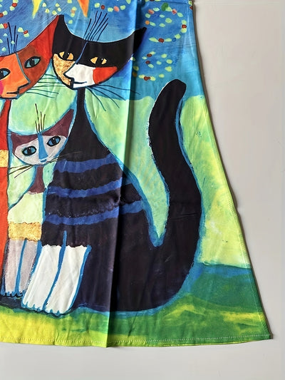 Ärmelloses Midi-Kleid mit Katzenmuster und V-Ausschnitt in Gelb – Sommerkleid für Damen