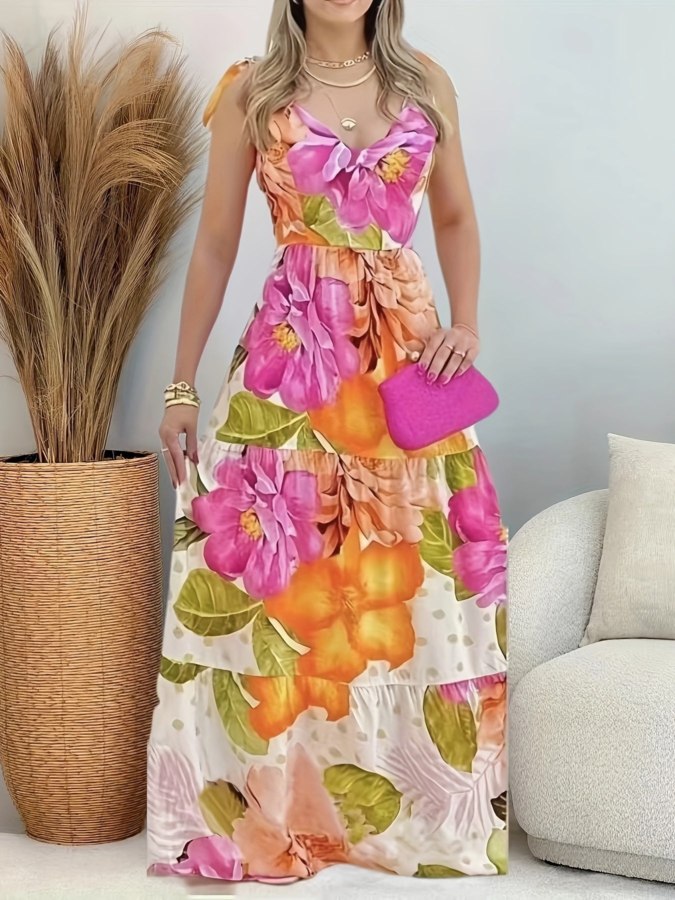 Langes Maxikleid mit frechem Ausschnitt und ausdrucksstarkem Blumenmuster