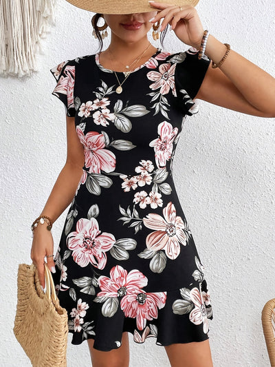 Elegantes Blumenkleid mit Volants – in bunten Farben