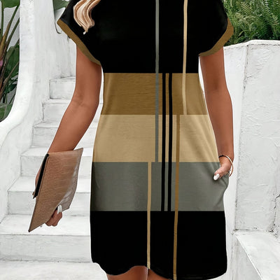 Elegantes asymmetrisches Sommerkleid in Camouflage und Streifenmuster - Farbmix