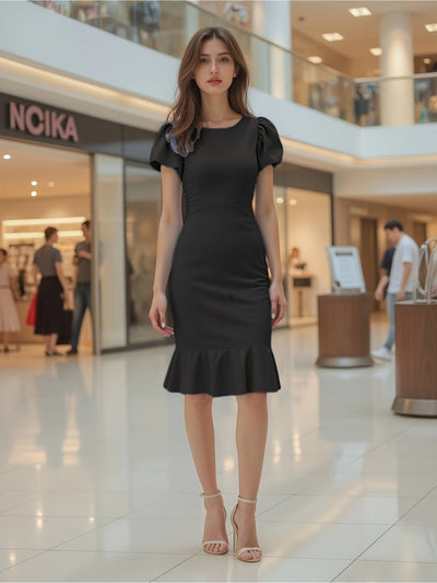 Elegantes A-Linien Kleid mit Puffärmeln Schwarz Blau