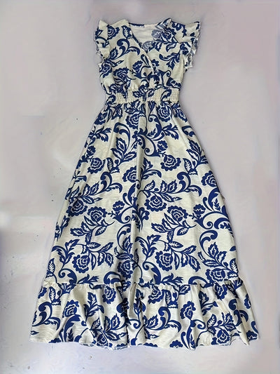 Elegantes Damen Maxi-Kleid mit tiefem Ausschnitt und Volantärmeln