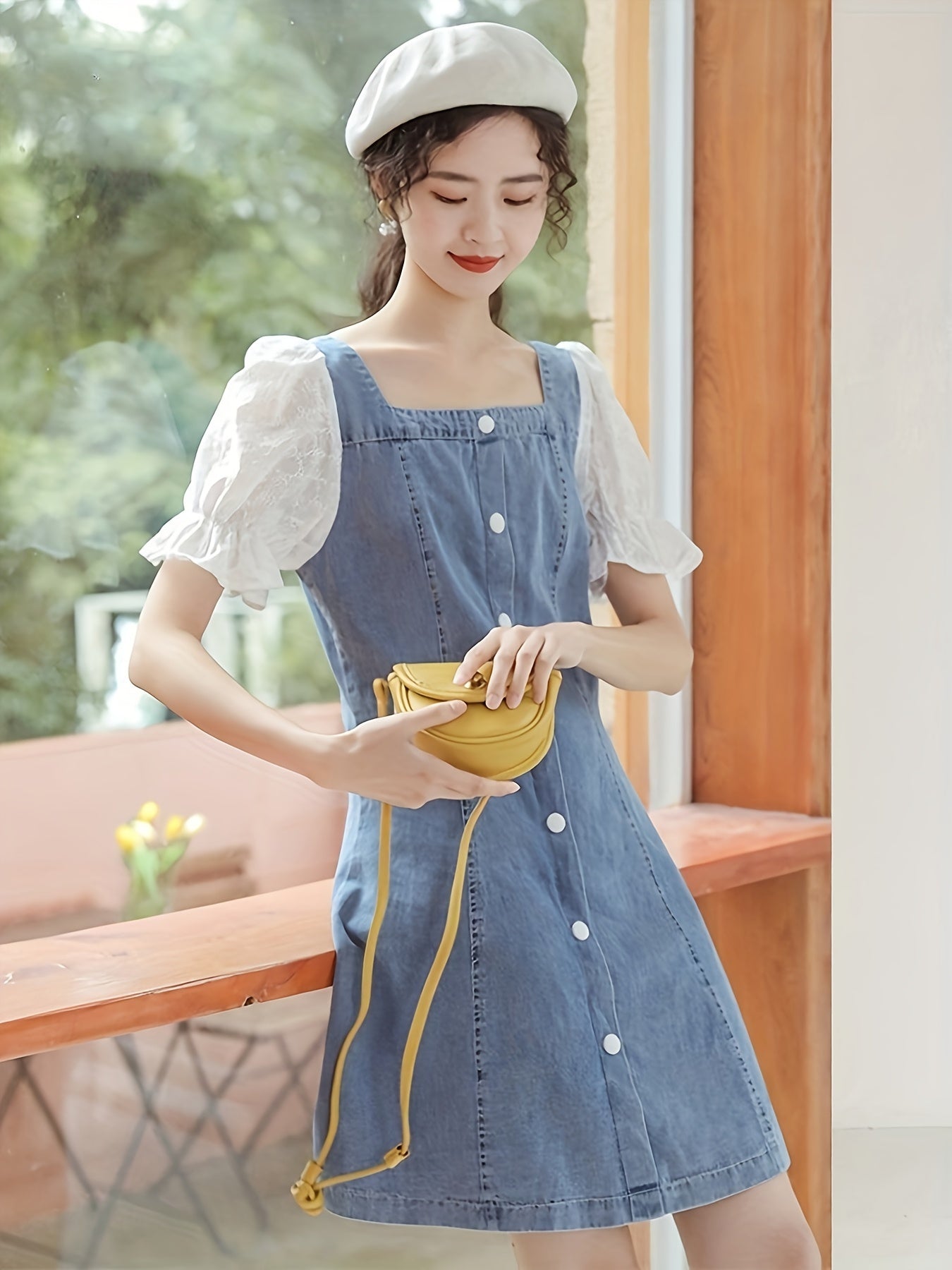 Damen Vintage Denim Kleid mit quadratischem Ausschnitt