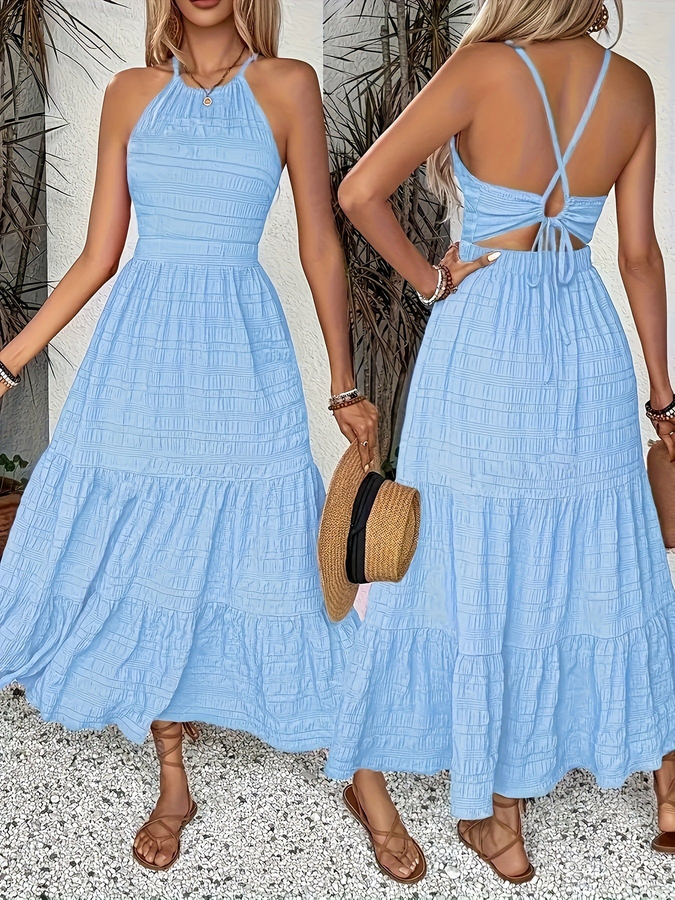Damen Urlaubskleid, leicht, Maxi A-Line für den Strand, blau