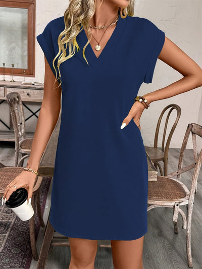 Damen Kleid V-Ausschnitt Schwarz Kurze Ärmel Leichtes, Atmungsaktives Casual