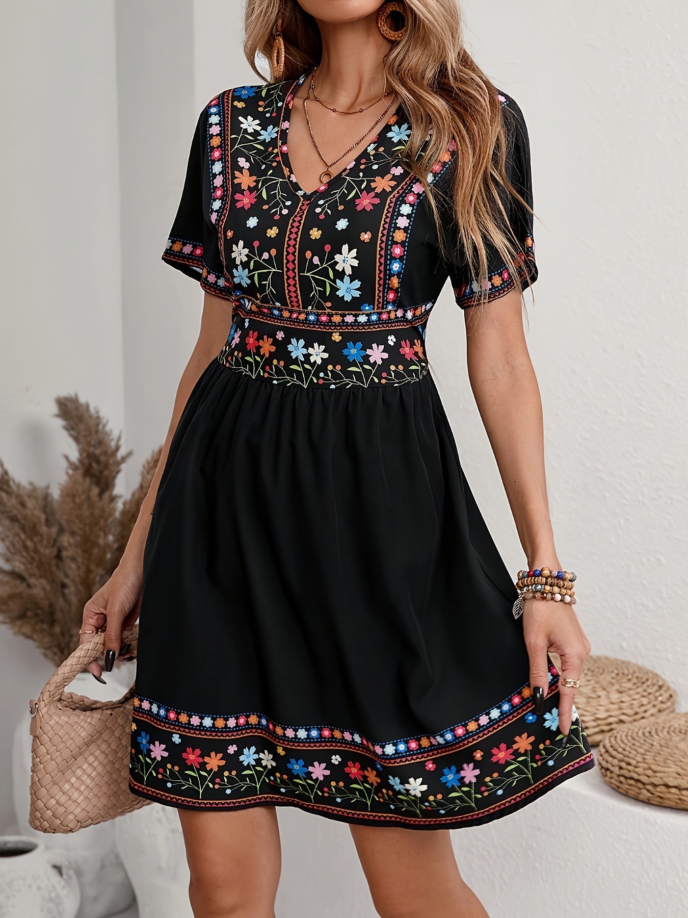 Weiß-blaues Sommerkleid mit Blumenmuster und V-Ausschnitt