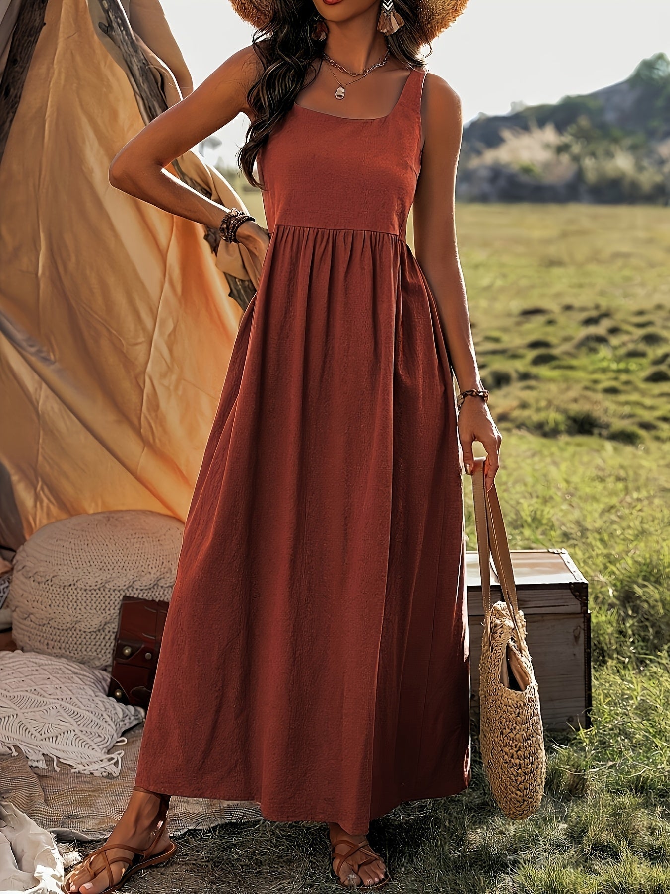 Atmungsaktives, maschinenwaschbares braunes Sommerkleid