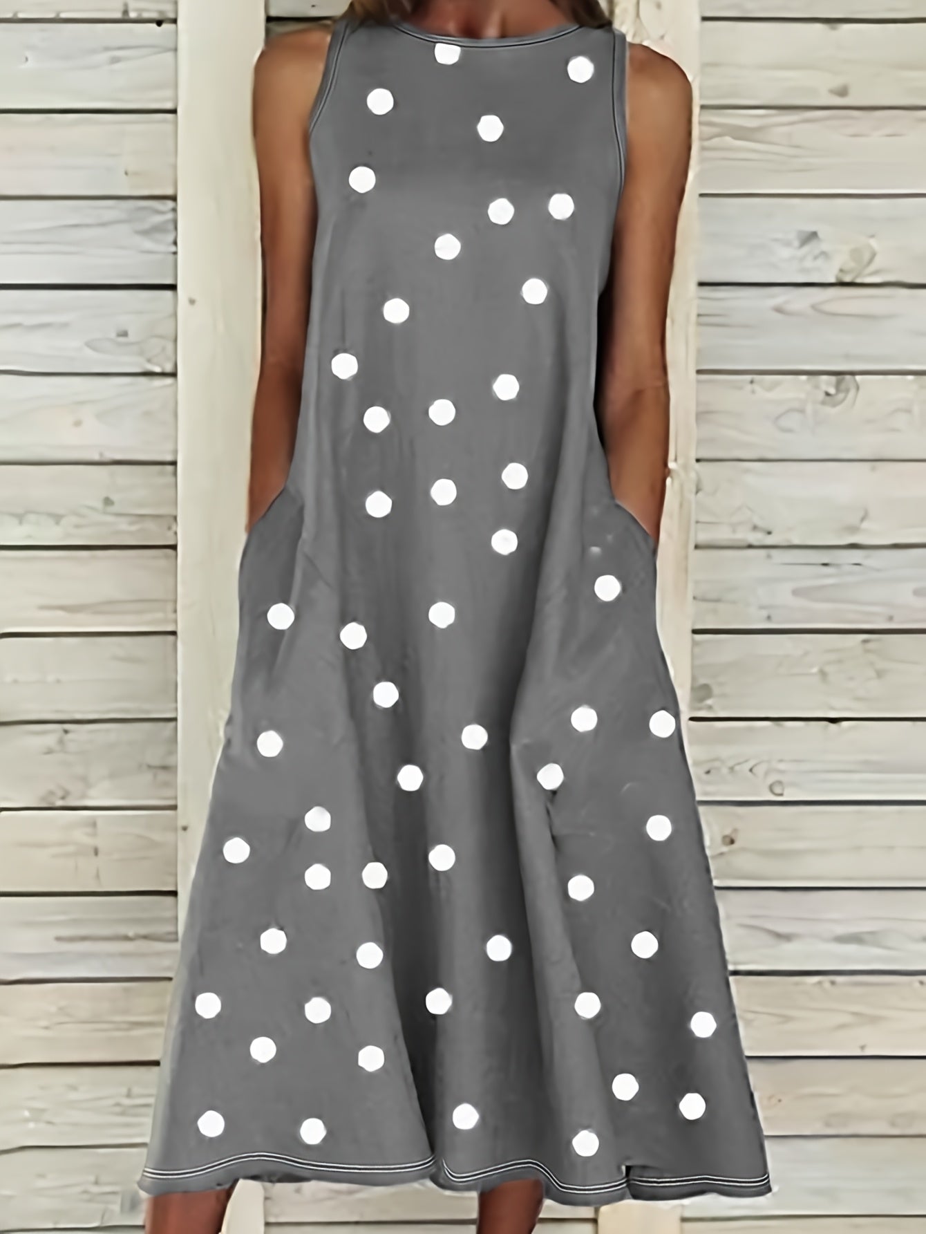 Damen Sommerkleid Polka Dot Langes Ärmelloses Schößchen Bequemes Urlaubskleid