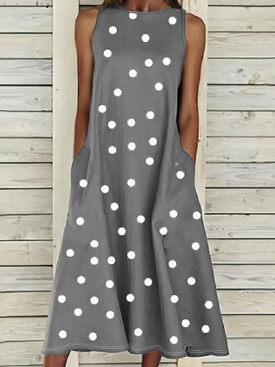 Damen Sommerkleid Polka Dot Langes Ärmelloses Schößchen Bequemes Urlaubskleid