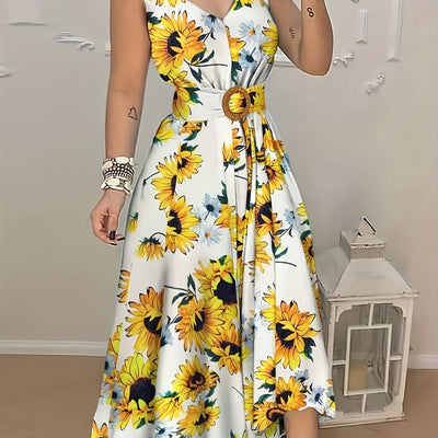Ärmelloses Midi-Kleid mit Sonnenblumenmuster und Gürtel – Sommerkleid