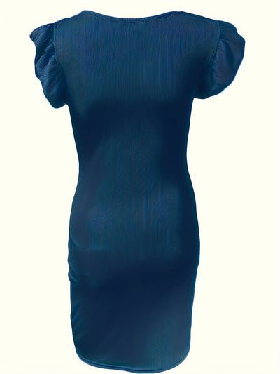 Dazu passendes ärmelloses Kleid aus geripptem khakiblauem Stoff