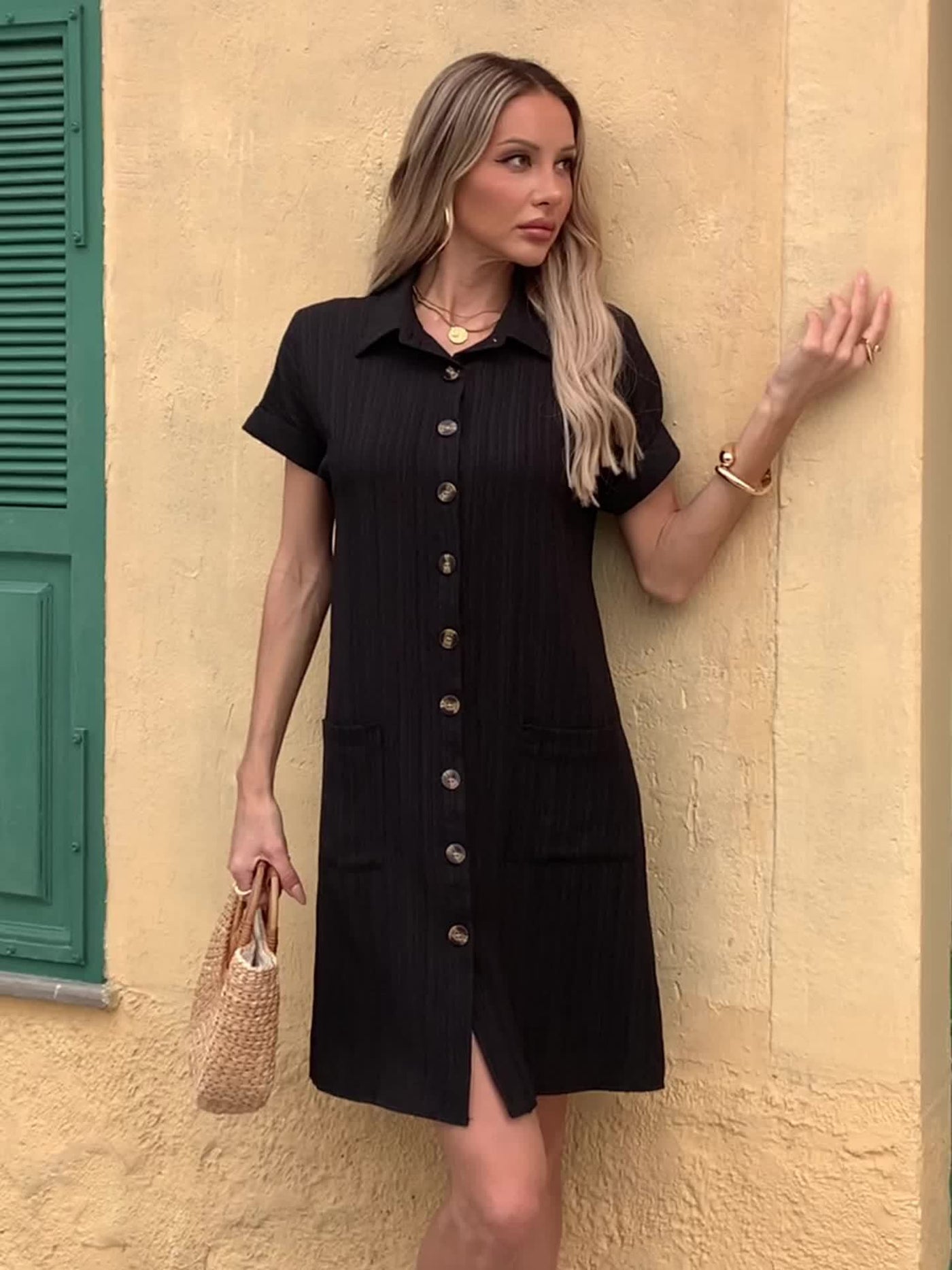 Kleid Tunika mit Kragen und Taschen, aus Polyester Leichte Damenbekleidung