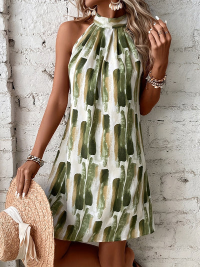 Tropical Leaf Pattern Halter Kleid Grün A-Linie für Sommer