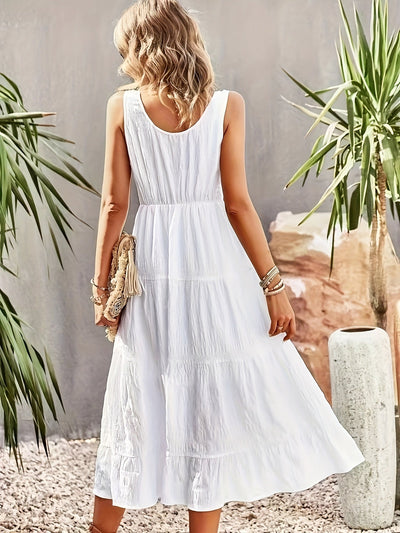 Weißes Maxi Kleid ohne Ärmel mit U-Ausschnitt, Volants und Knöpfen – Einfach für Frühling/Sommer