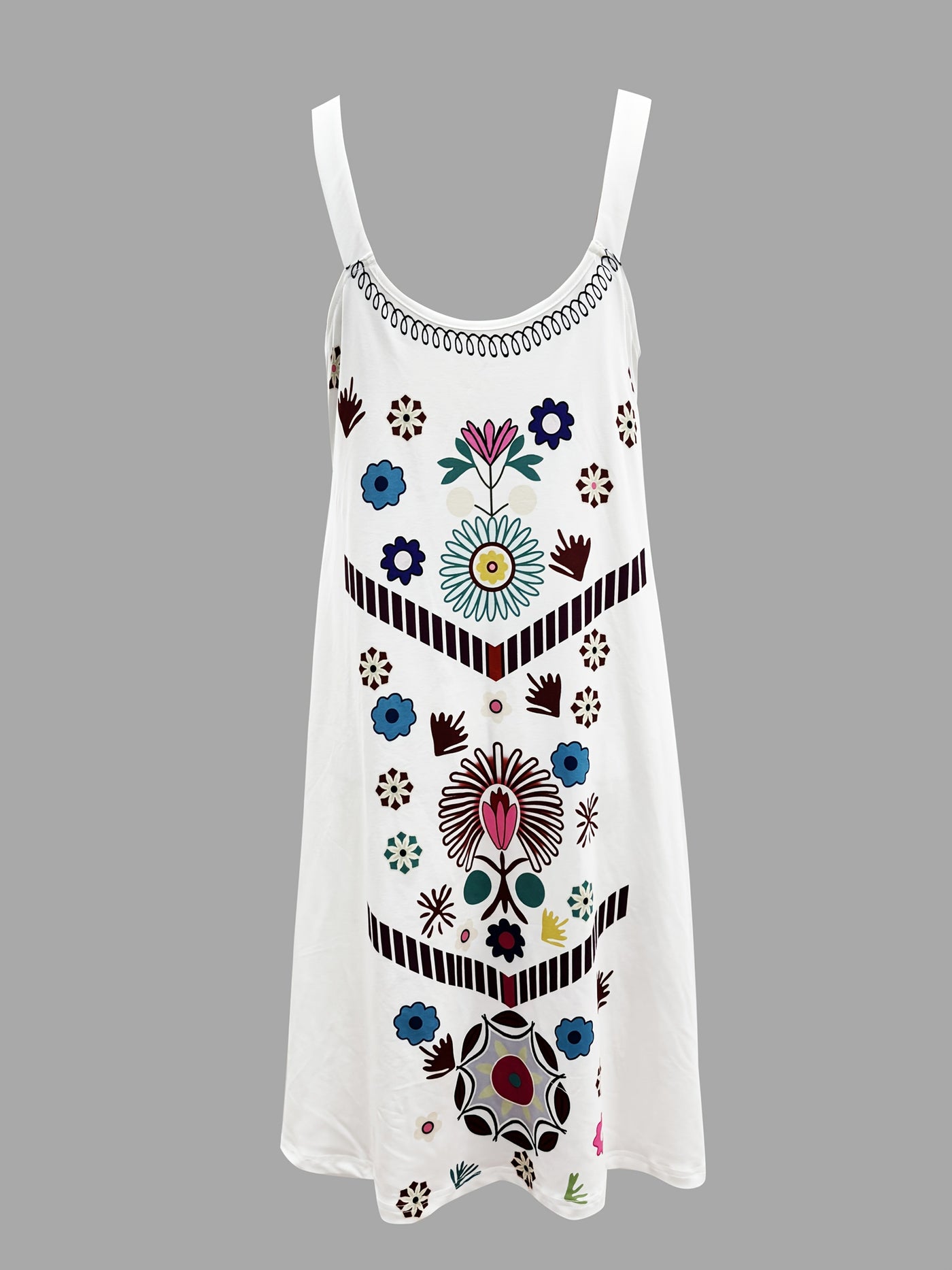 Luftiges weißes geblümtes Sommerstrandkleid mit verstellbaren Trägern