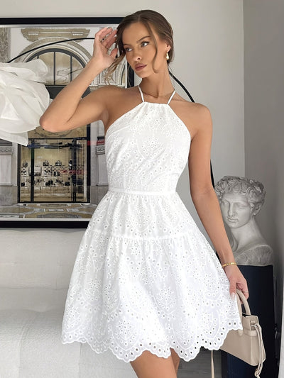 Elegantes Sommerkleid für Damen – Weiß mit Spitze, rückenfrei, mit Trägern