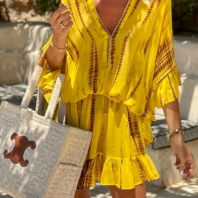 Gelbes Sommer-Minikleid mit Rüschen und Fledermausärmeln